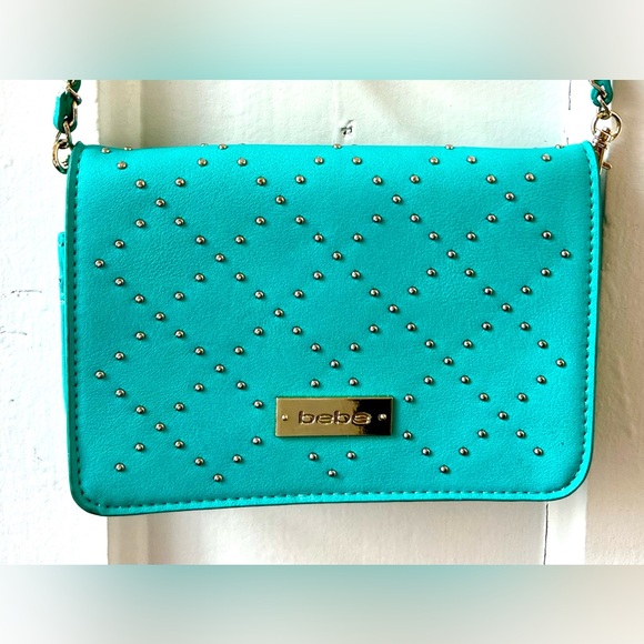 Bebe Turquoise Teal Gold Studded Crossbody Clutch Purse Bag EUC - Picture 3 of 13